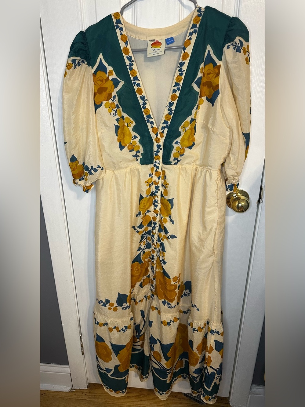 FARM Rio Anthropologie Cream Teal Yellow floral midi dress Size: L - Picture 2 of 6